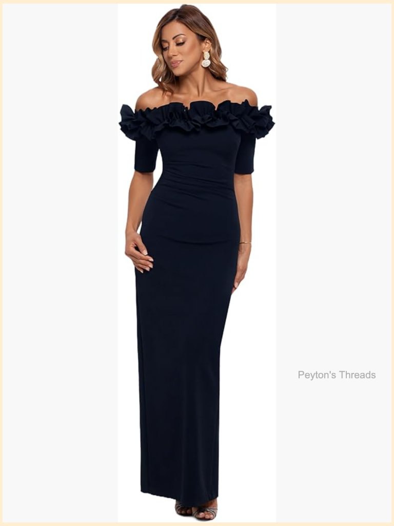 Off-The-Shoulder Ruffle Neck Formal Evening Gown With 3/4 Sleeves And Back Slit